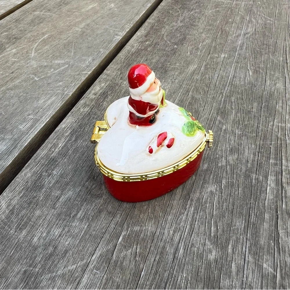 Porcelain Santa Christmas Heart Shaped Trinket Box